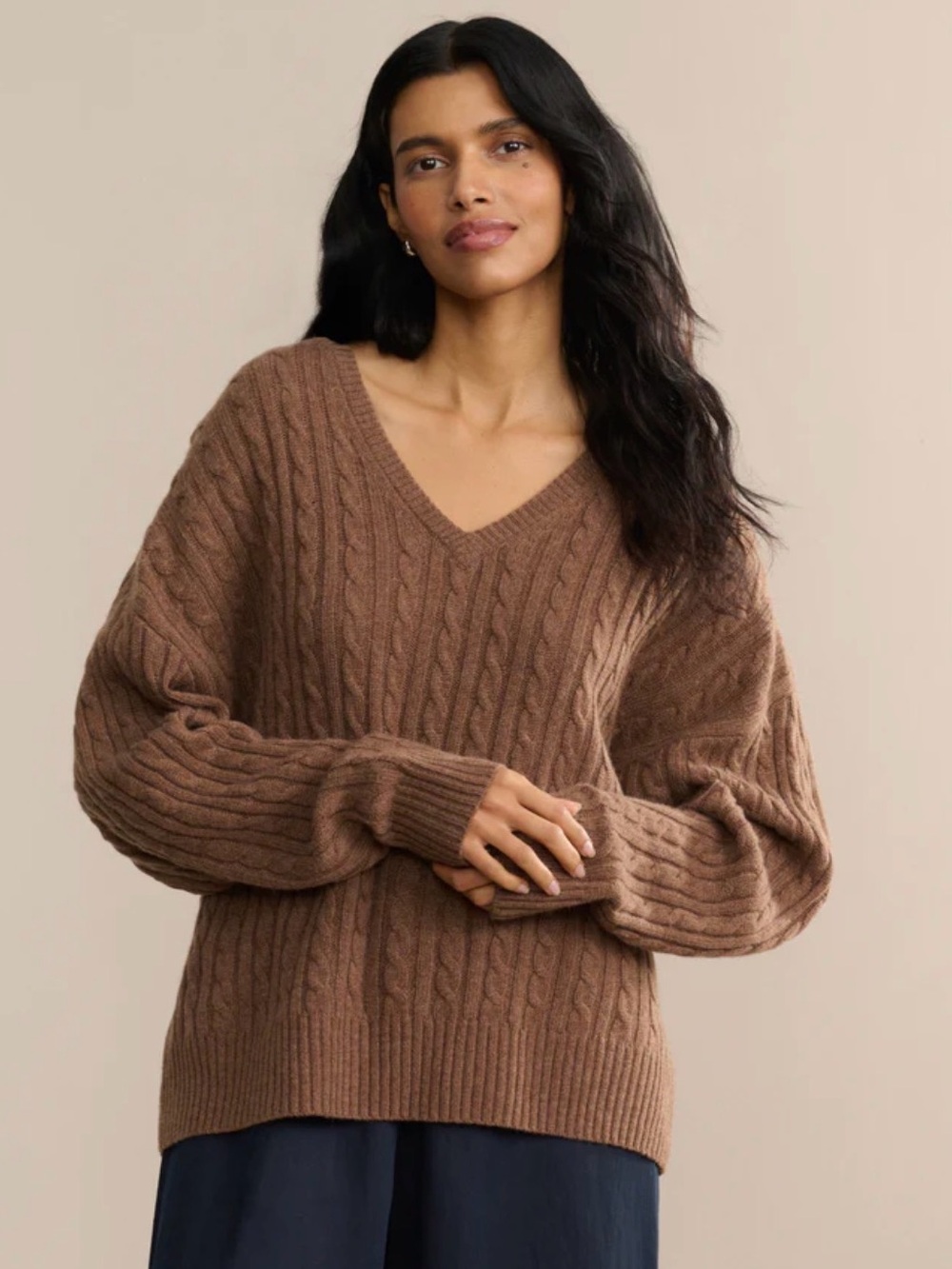 Jenni Kayne Large Nell V Neck Sweater Cable Knit Coffee Brown
